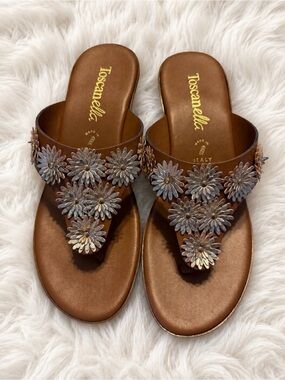 Toscanella Brown Floral Leather Wedge Sandals Women’s Size 9